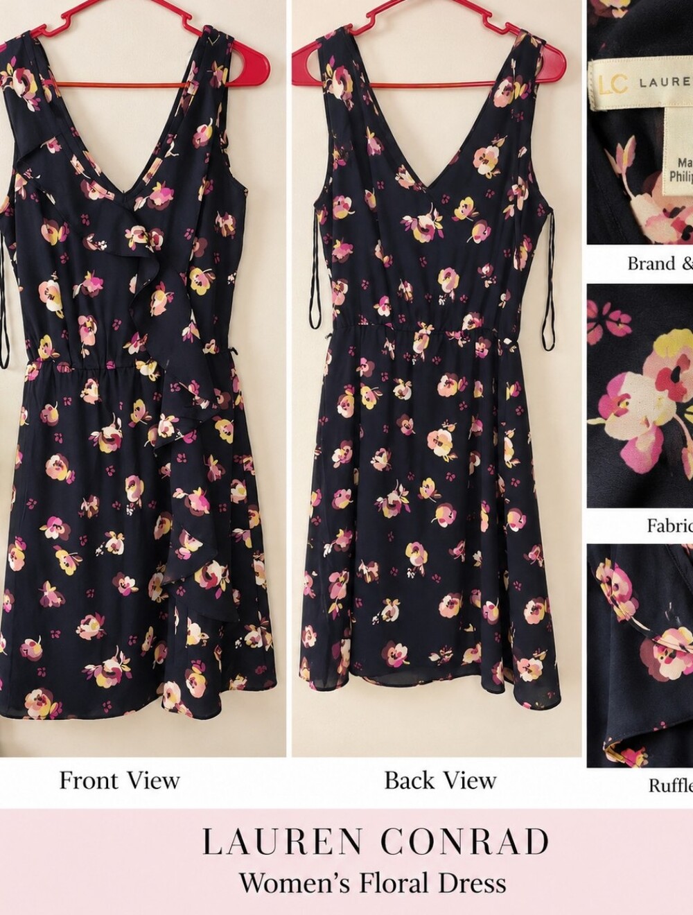 Lauren Conrad Floral V-Neck Mini Dress — Navy with Pink & Cream Flowers